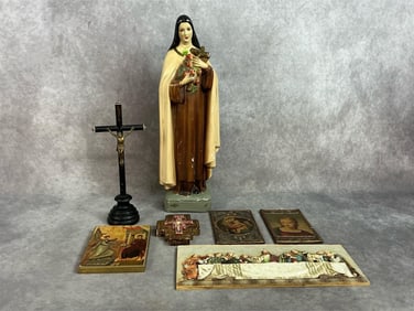 Seven early to mid 1900s religious art. Chalkware statue of Saint Therese, Last Supper plaque with