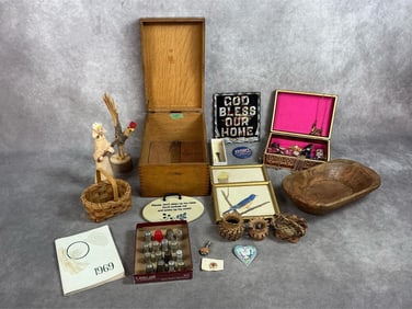 Large lot of mid to late 1900s items. Includes jewelry box with earrings and necklaces, sixteen