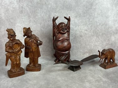 Five mid century carved figures. Laughing Buddha, ironwood road runner, German folk art musicians,