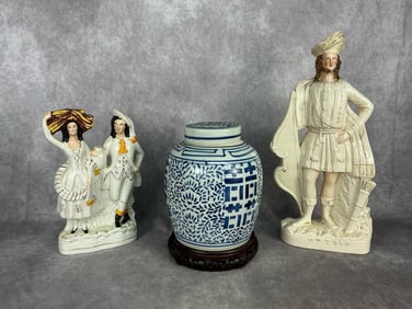 One Late 20 century Chinese ginger jar with wooden stand and two late 19th century flat back hand