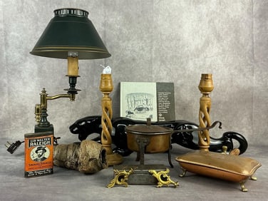 20th century lot of ten miscellaneous items. Haeger art pottery black panther, weathered wood piece,