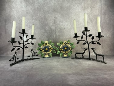 Mid 20th century pair of Mexican folk art terracotta Redware Tree of Life candleholders. Mid 20th