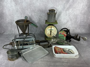 Mid 20th century kitchen items. Nine items with some additional pieces. Food chopper, apple parer,
