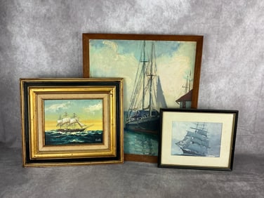 Two Mid 20th century paintings on board of sail boats with one print of a sail boat. One painting