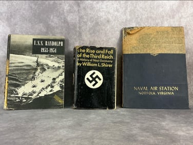 Three 1950's hardback military books. "The Rise and Fall of the Third Reich" by William L. Shirer,