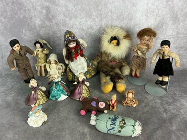 Early - mid 20th century small Dolls. Fourteen total pieces. Handmade Eskimo doll with rabbit fur