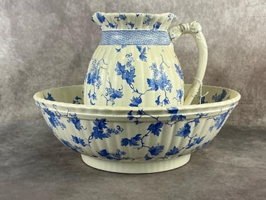 Late 19th century Victorian wash basin and pitcher earthenware pottery by Ridgway Stoke on Trent