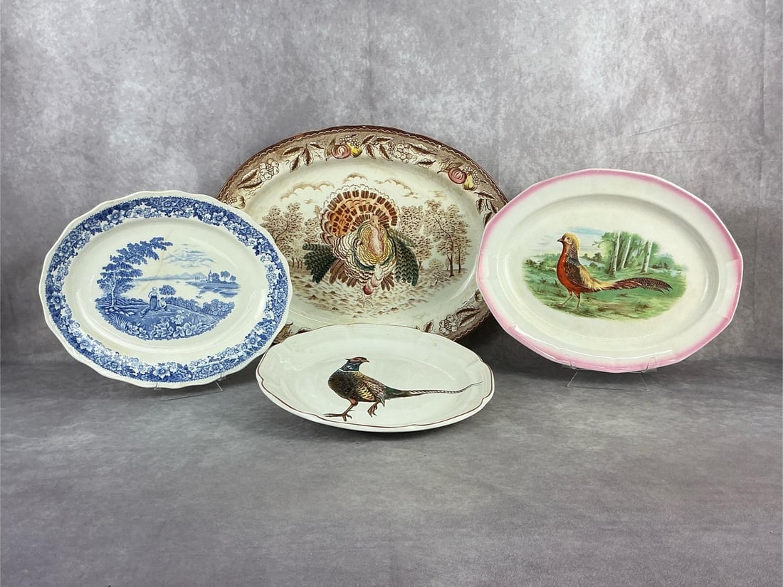 Mid 20th century transfer printed plate and three platters. Large serving platter with turkey, one: Mid 20th century transfer printed plate and three platters. Large serving platter with turkey, one platter with red tailed pheasant, one blue transfer print platter with bucolic lake scene and a dinne