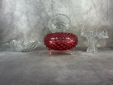 Circa 1900 four piece lot with crystal and Hobnail glass. Cranberry glass hobnail bowl with applied