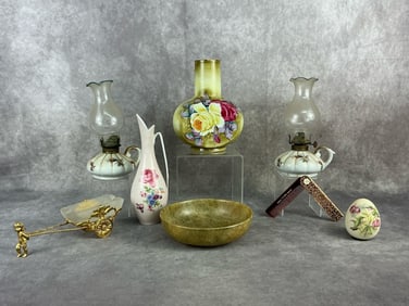 First half of 20th century and mid century miscellaneous lot of eight. Carved soapstone bowl. Two