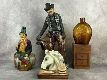 20th century lot of five with plaster Mexican cowboy, reproduction Federal eagle flask, El Producto
