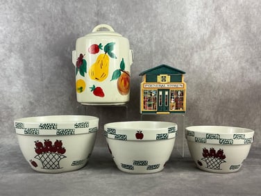 Vintage 20th century lot of three pieces. Vintage McCoy cookie jar with painted flowers. Candy jar