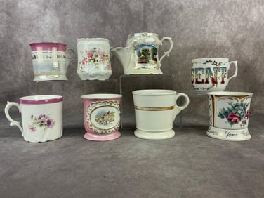Lot of eight antique cups and mustache cups. One marked “Made in Germany “, one marked