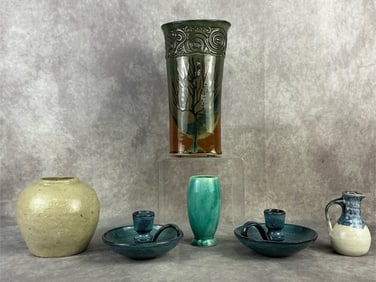 Late 20th century six piece lot of hand thrown art pottery including two molded pieces. One vase