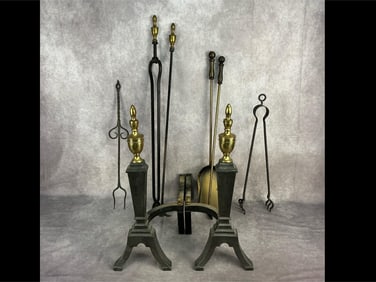 20th century cast iron and brass Federal style andirons with six fireplace tools. Total eight