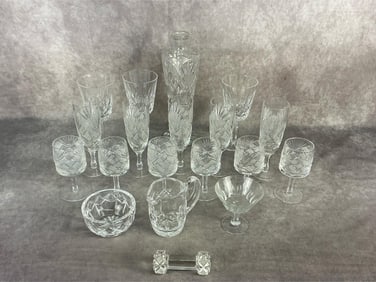 Mid 20th century assorted vintage lead crystal glasses. One vase, three water glasses, five