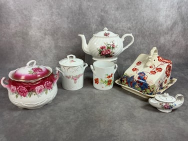 Six early to mid 1900s porcelain pieces. Oval roses teapot by Arthur Wood and Son, England. Ceramic