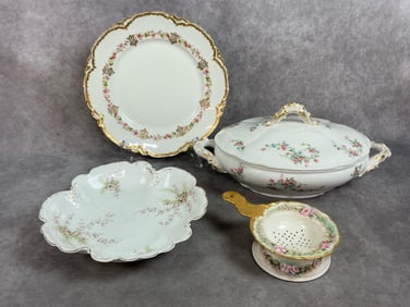 Four early 1900s dishes. LRL porcelain serving dish with lid, pink and blue flowers with gold trim.