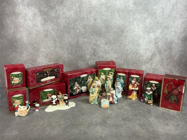 Thirteen sets or individual 1990s ornaments. Eight Keepsake Nativity ornaments. Five Peanuts display