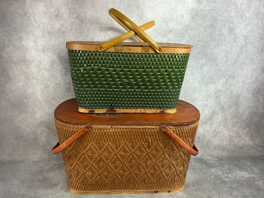 Two mid 1900s picnic baskets. Redmon wicker with wood top, hinged lid. And green woven Hawkeye