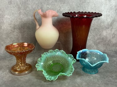 Five early 1900s glass pieces. Red “pigeons blood?? vase with ruffled rim. Pink Burmese glass