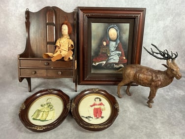 Late 1800s to late 1900s lot. Folk art picture of dolls by Cindy Turok in wooden frame. Two oval