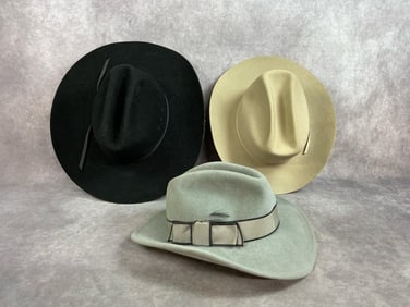 Three mid to late century hats. Tan Stetson 4X cowboy hat by LLBean. Black MHTwool 7 1/8 inch hat