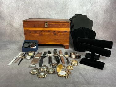 Mid century to modern items. Table top cedar chest with brass hardware. Twelve necklace display