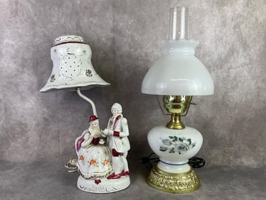 Two early to mid century lamps and shade. Electric “Gone with the Wind?? hurricane lamp with