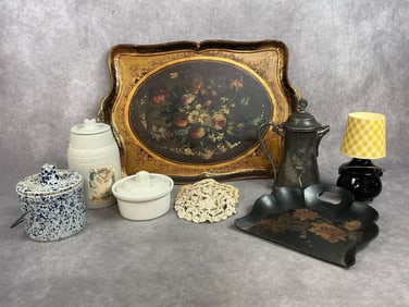 Nine early to late 1900s items. Hand painted Italian tray, Sheffield Plate small pitcher, and honey