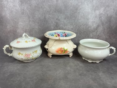 Three early 1900s pots. Porcelain white chamber pot by Johnson Brothers, and floral with lid by