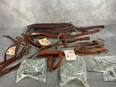 Vintage five leather tack and three stainless bits. Two Big Horn browband headstall pieces and a Big