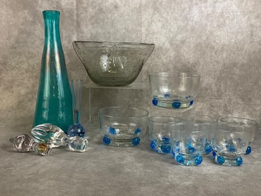 Lot of handblown glass items including crackle glassware and bubble glass bowl. Internal crack to