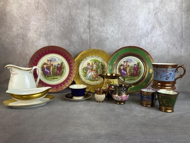 Lot of copper lusterware, decorative plates from Czecha-Slovakia, Limoges gravy dish and pitcher,