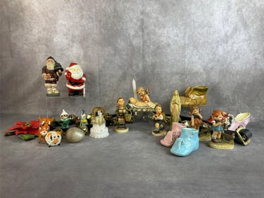 Variety lot of three Hummel figures, Avon Christmas decor, sleigh bells, and more. All in fair to