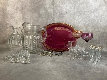 1930s Art Deco serving platter, two bird claw sugar tongs, set of 1970s Irish shamrock cordial