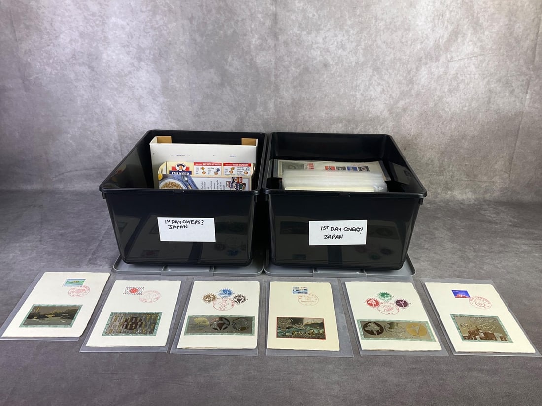 Two containers of commemorative first day covers from Japan. Approximately 200 in total with all in: Two containers of commemorative first day covers from Japan. Approximately 200 in total with all in protective sleeves and in good condition. Each container measures 10.5 inches wide x 13.5 inches x 6