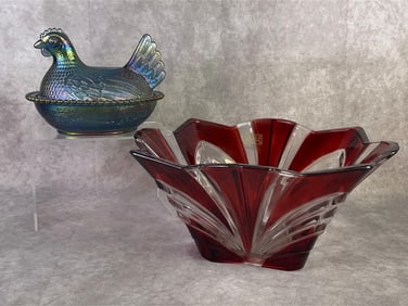 Fifth Avenue pressed glass bowl in a ruby red cut to clear design and Indiana Glass hen on nest