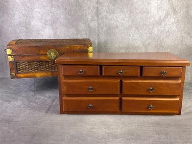 Wooden dresser style jewelry box and Chinese style camphor chest. Both have some bowing and the