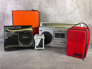 Sony stereo cassette boombox, Kenwood cd player, Sanyo cassette walkman, cassettes, and cds. Sony