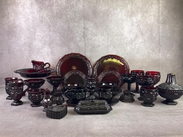 Lot of Avon Cape Cod ruby red dinnerware, including twelve 10.25 plates, twelve 7.5 plates, twelve