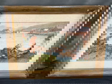 Vintage waterfront scene done in watercolor, signed by J. Lake in bottom right corner. Some water