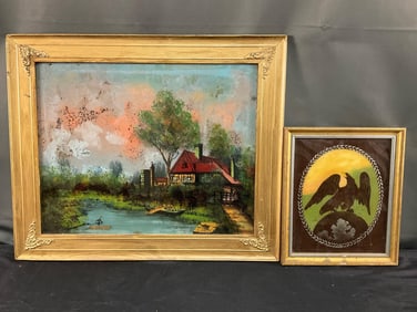 Early 1900s reverse painted picture title “Old Homestead?? and a vintage reverse painted eagle on