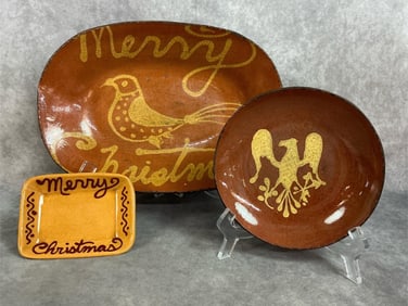 Three Modern slipglaze handmade pottery pieces. Signed and dated by artists, featuring Christmas and