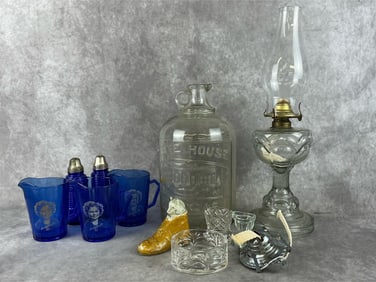 White House Vinegar jug, cobalt Shirley Temple pitchers, cobalt salt and pepper shakers, milk glass