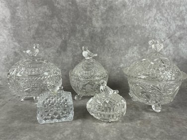Group of five Hofbauer Byrdes cut to clear dishes. Three are footed. All in good condition. Largest