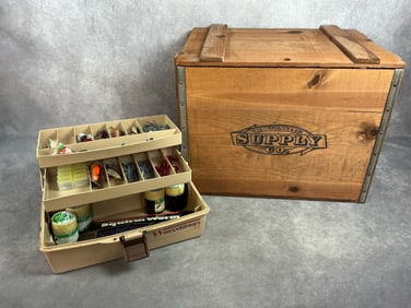 Modern age box and tackle. Wooden crate, or ammo box, marked Will G Hadlock & Son Supply Co. has