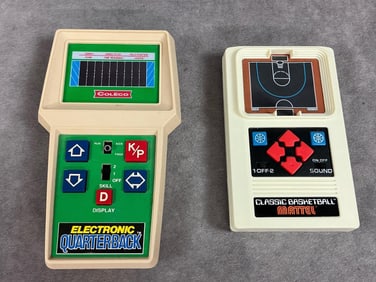 Two 1970s games. Coleco electronic Quarterback game and Mattel Classic Basketball game. Untested. In