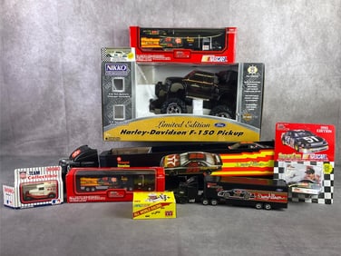 Nikko Harley Davidson remote control F-150, Davey Allison die cast vehicles in multiple sizes, and