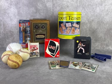 Baseball cards, sports teasers, reproduction of Postal Lockbox, and more. All in good condition.